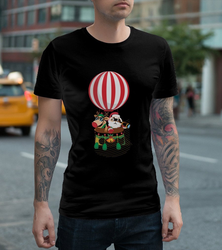 Santa And Reindeer In Festive Hot Air Balloon Adventure T-Shirt