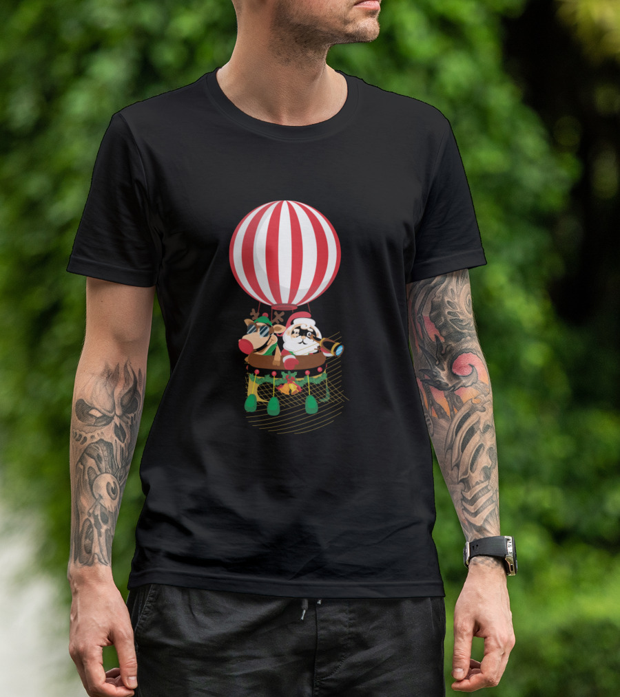 Santa And Reindeer In Festive Hot Air Balloon Adventure T-Shirt