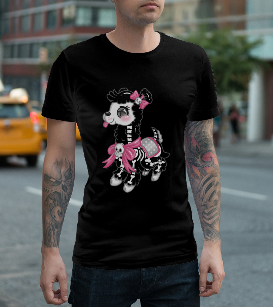 Skele Llama Skeleton Halloween Pink Bow Skull T-Shirt