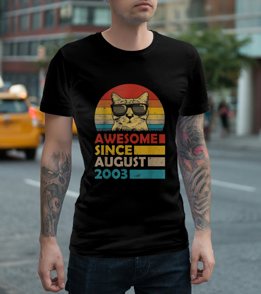 Awesome Since August 2003 Cat With Sunglasses Retro Colors T-Shirt