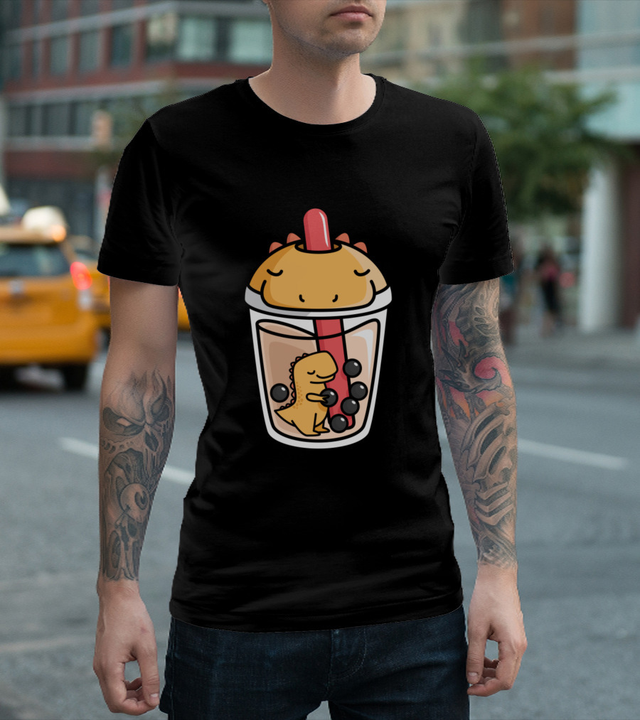 Bubble Tea Cup with Adorable Kawaii Dinosaur and Boba Pearls T-Shirt