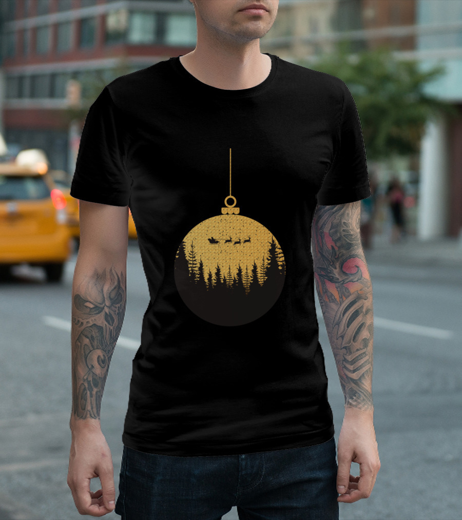 Christmas Ball Golden Ornament with Santa Sleigh and Pine Forest T-Shirt