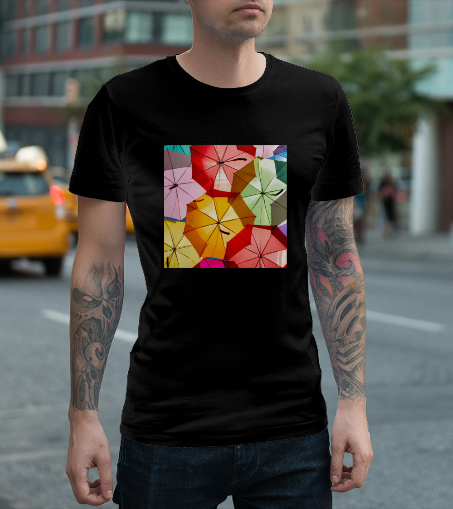 Colorful Umbrellas Pattern Multicolor Overlapping Rainshade T-Shirt