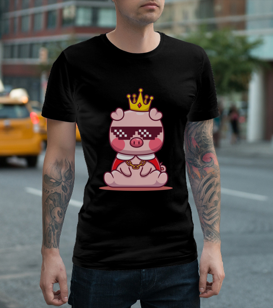 Cute Pig Sunglasses Crown Chain T-Shirt