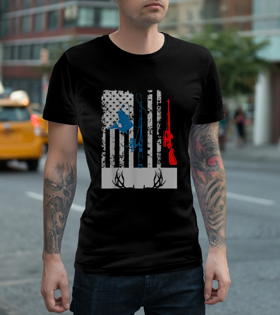 Fishing Rod Hunting Rifle American Flag Antler Stars Stripes T-Shirt