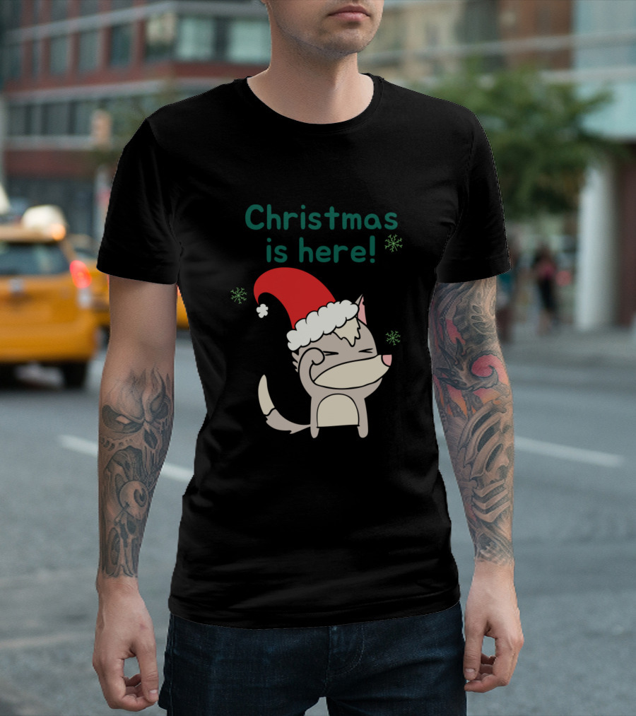 Fox Merry Christmas Is Here Santa Hat Snowflakes T-Shirt