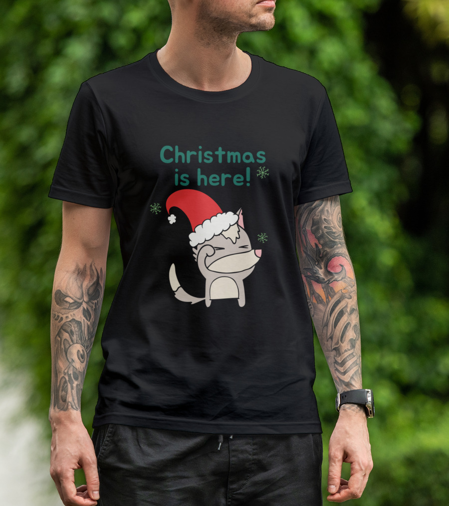 Fox Merry Christmas Is Here Santa Hat Snowflakes T-Shirt