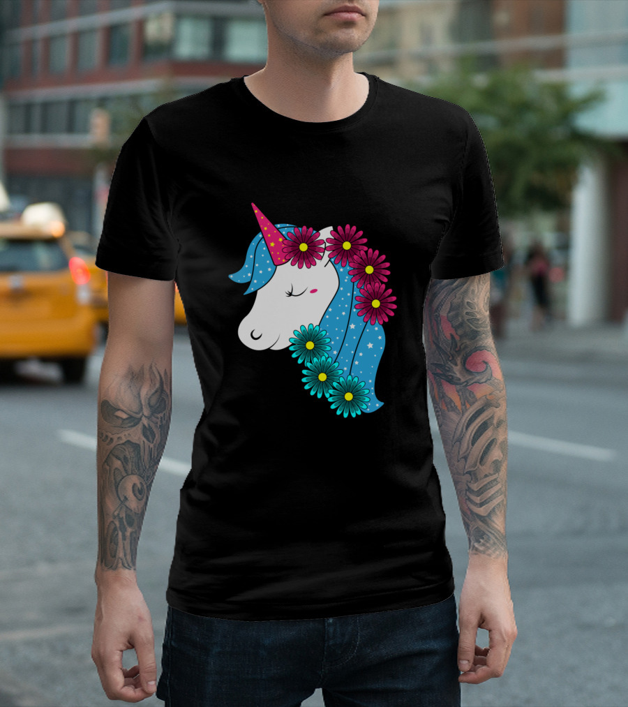 Great Unicorn with Stars and Colorful Flowers T-Shirt