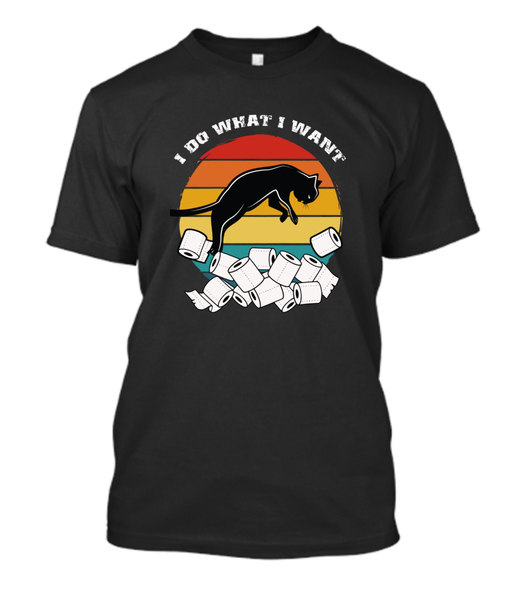 I Do What I Want Black Cat Jumping Over Toilet Rolls Retro Sunset T-Shirt