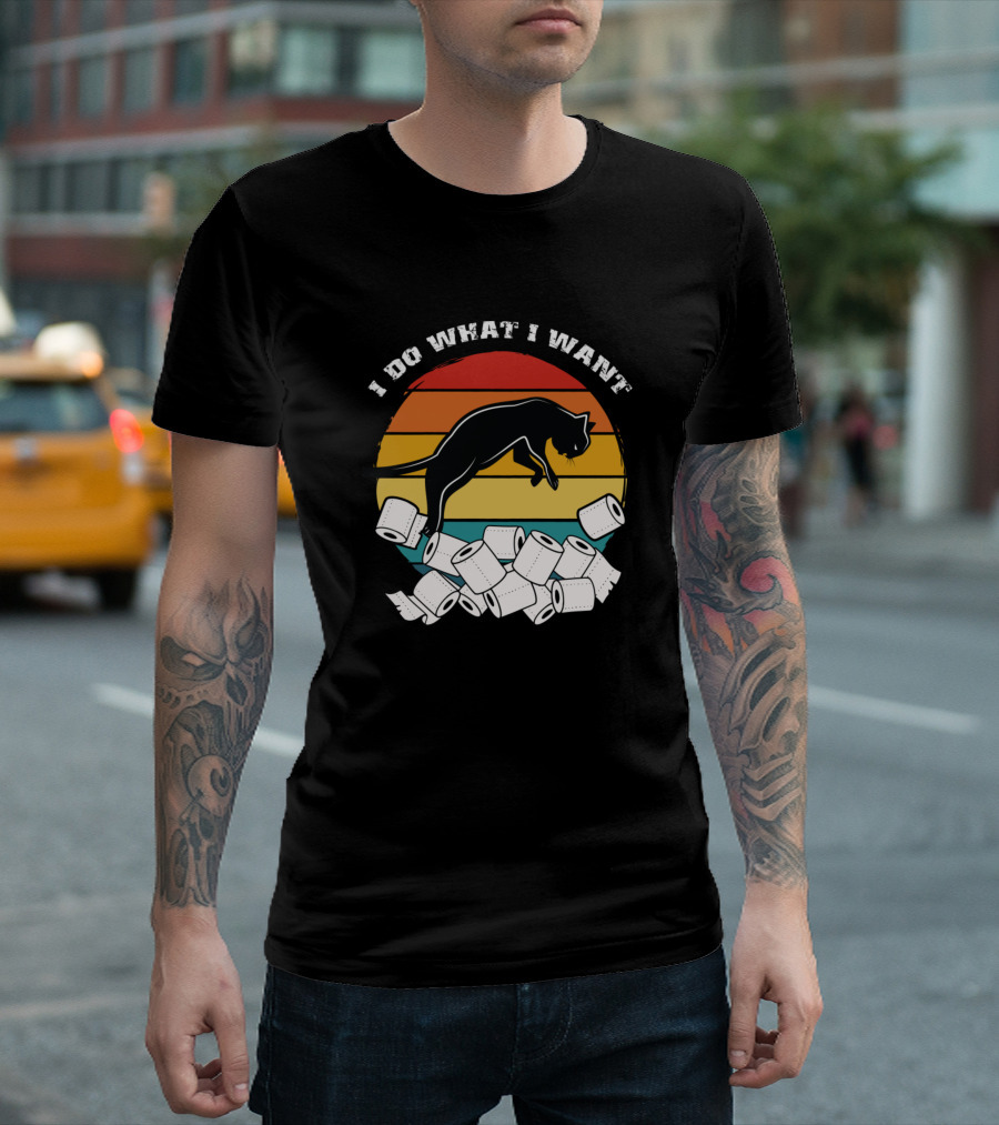 I Do What I Want Black Cat Jumping Over Toilet Rolls Retro Sunset T-Shirt