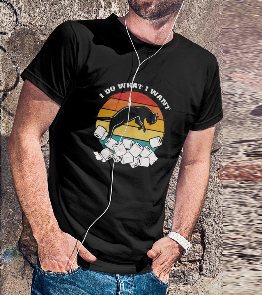 I Do What I Want Black Cat Jumping Over Toilet Rolls Retro Sunset T-Shirt