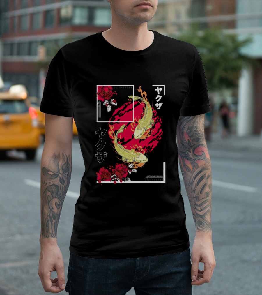 Yakuza Japanese Koi Fish Floral Roses T-Shirt