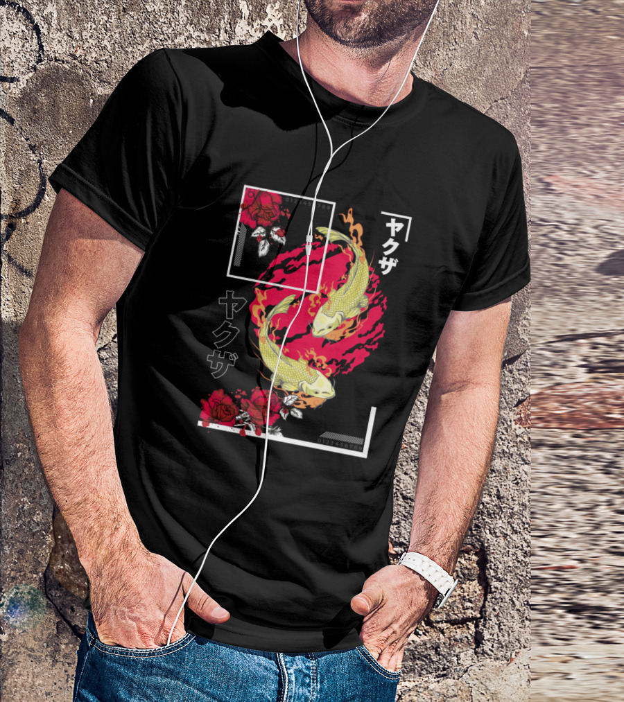 Yakuza Japanese Koi Fish Floral Roses T-Shirt