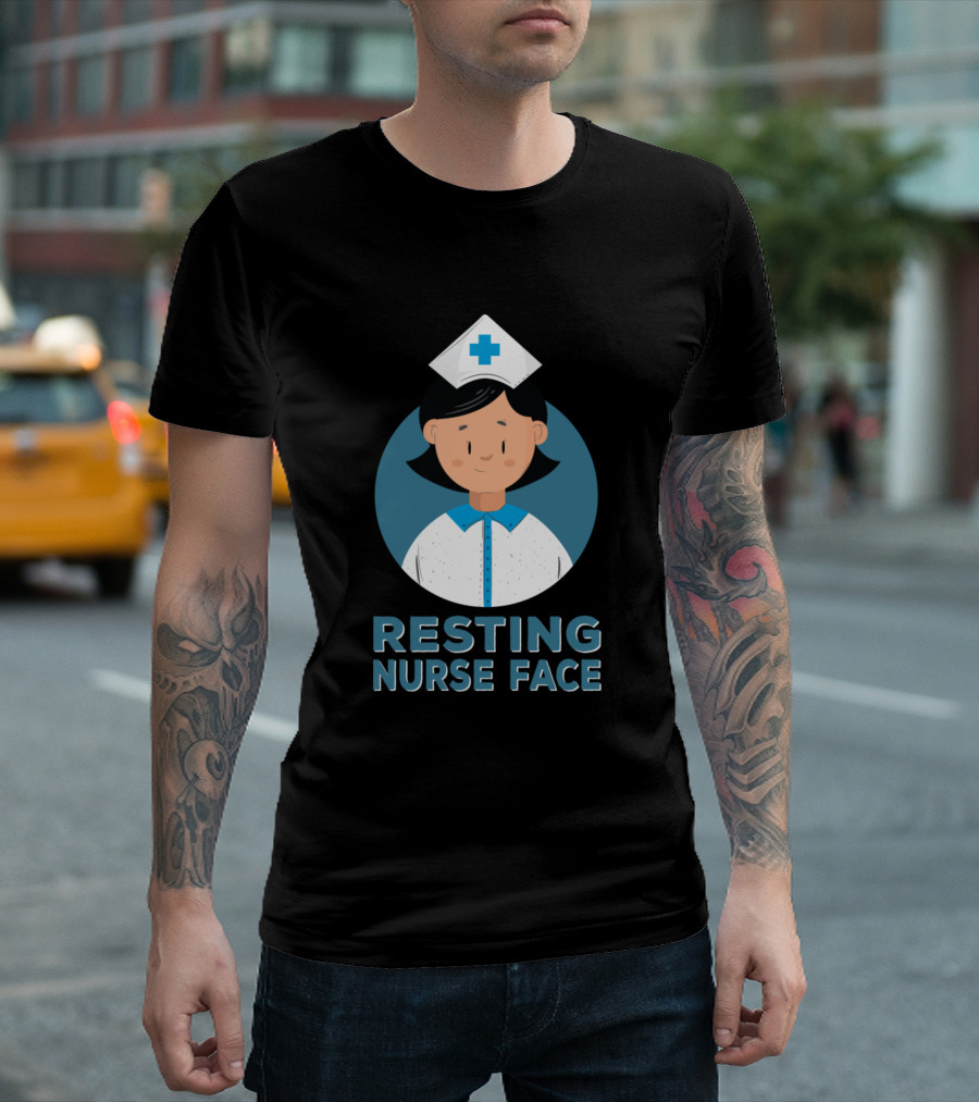 Resting Nurse Face with Cartoon Nurse Blue Cross Hat T-Shirt