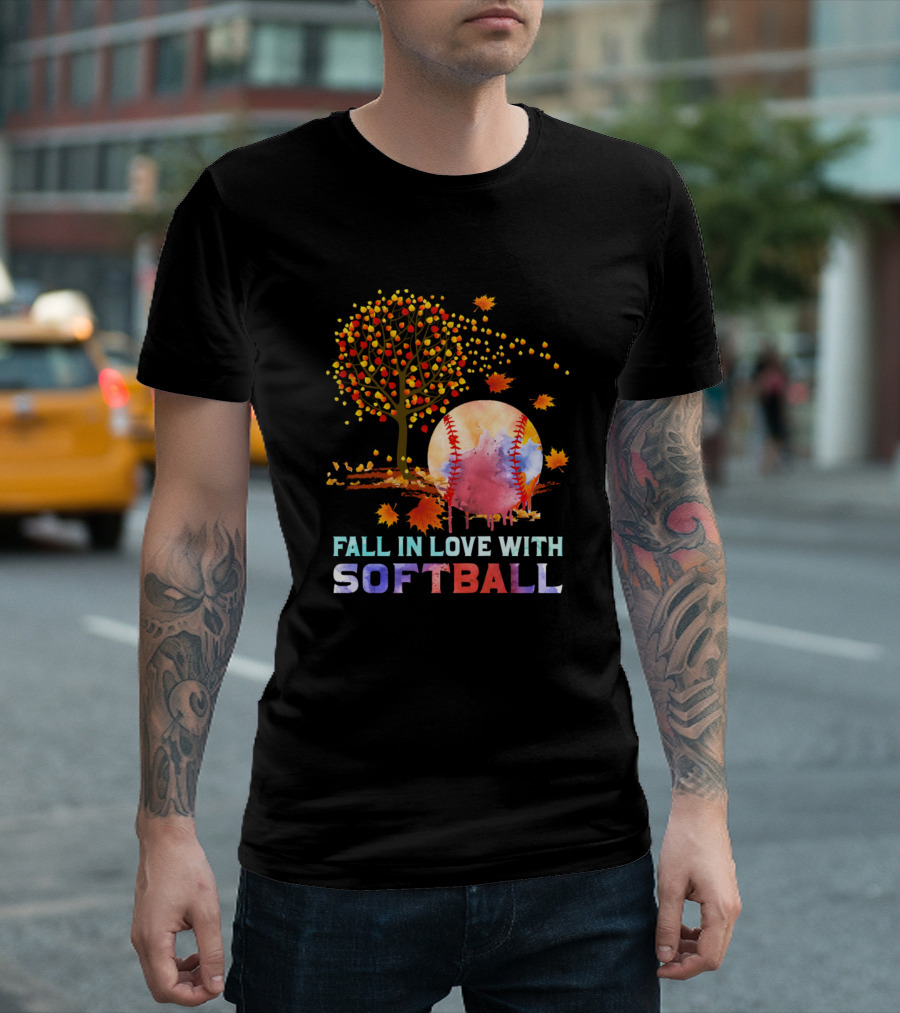 Fall in Love with Softball Autumn Tree and Leaves T-Shirt