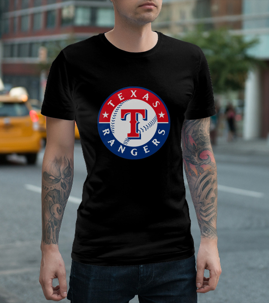 Texas Rangers T Baseball Emblem Red White Blue Stars T-Shirt