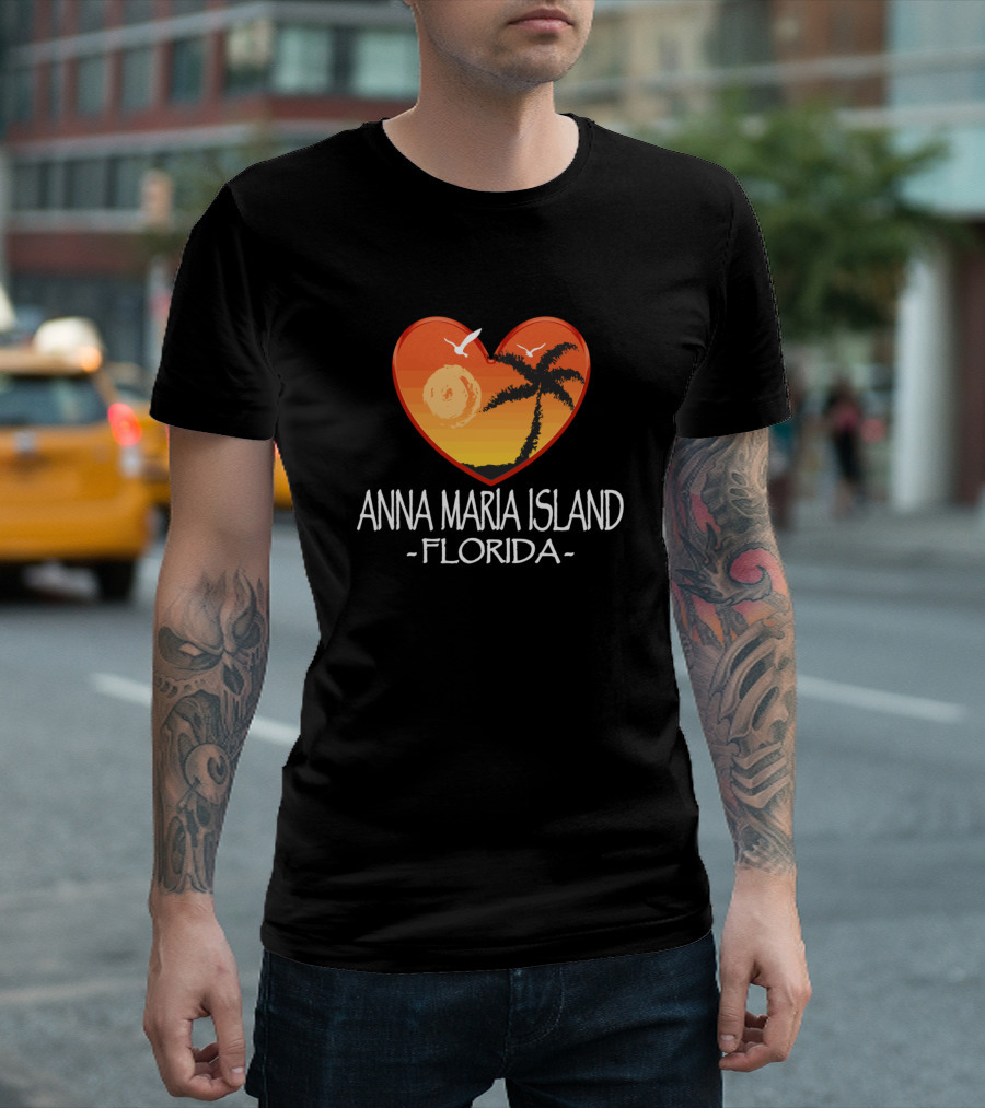 Anna Maria Island Florida Heart Sunset Palm Birds T-Shirt