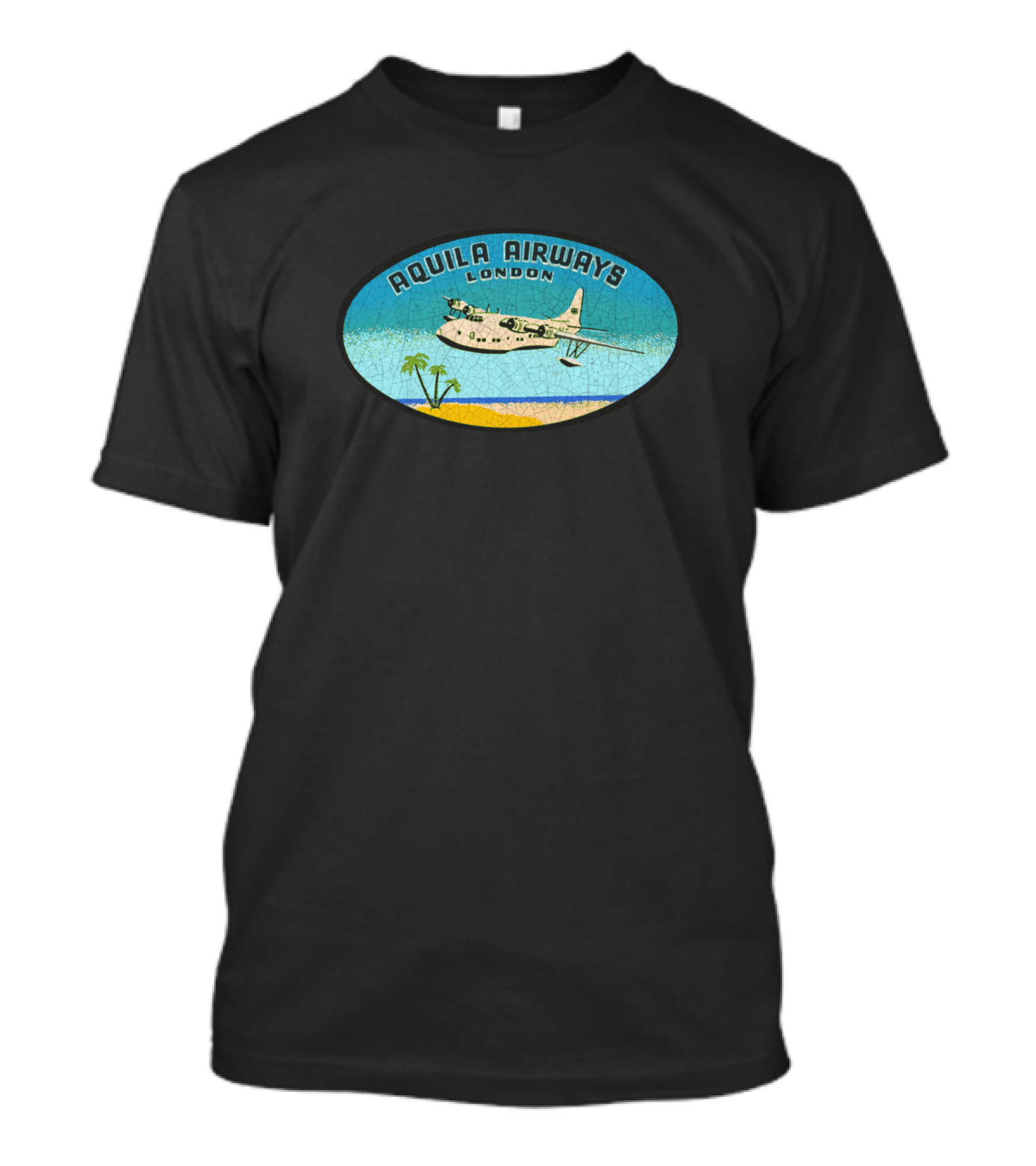 Aquila Airways London Vintage Flying Boat Tropical Scene T-Shirt