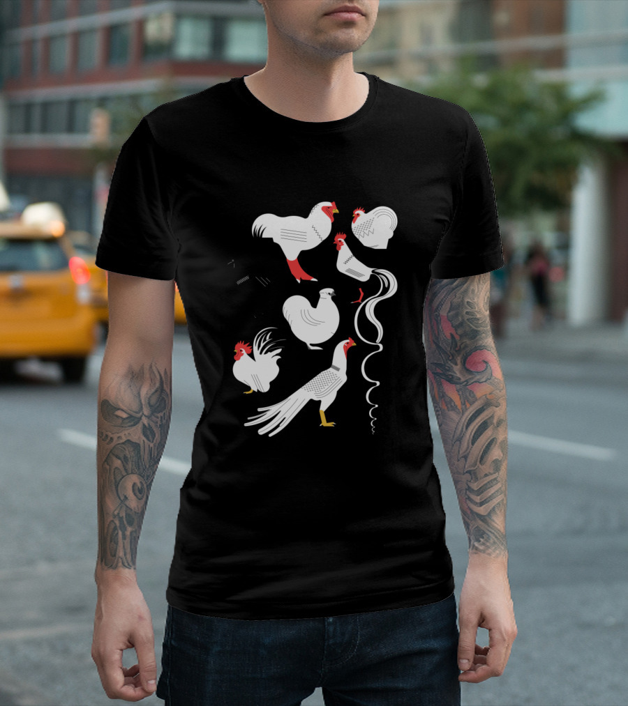 Asian Roosters Illustration Collection Black White Red Rooster T-Shirt