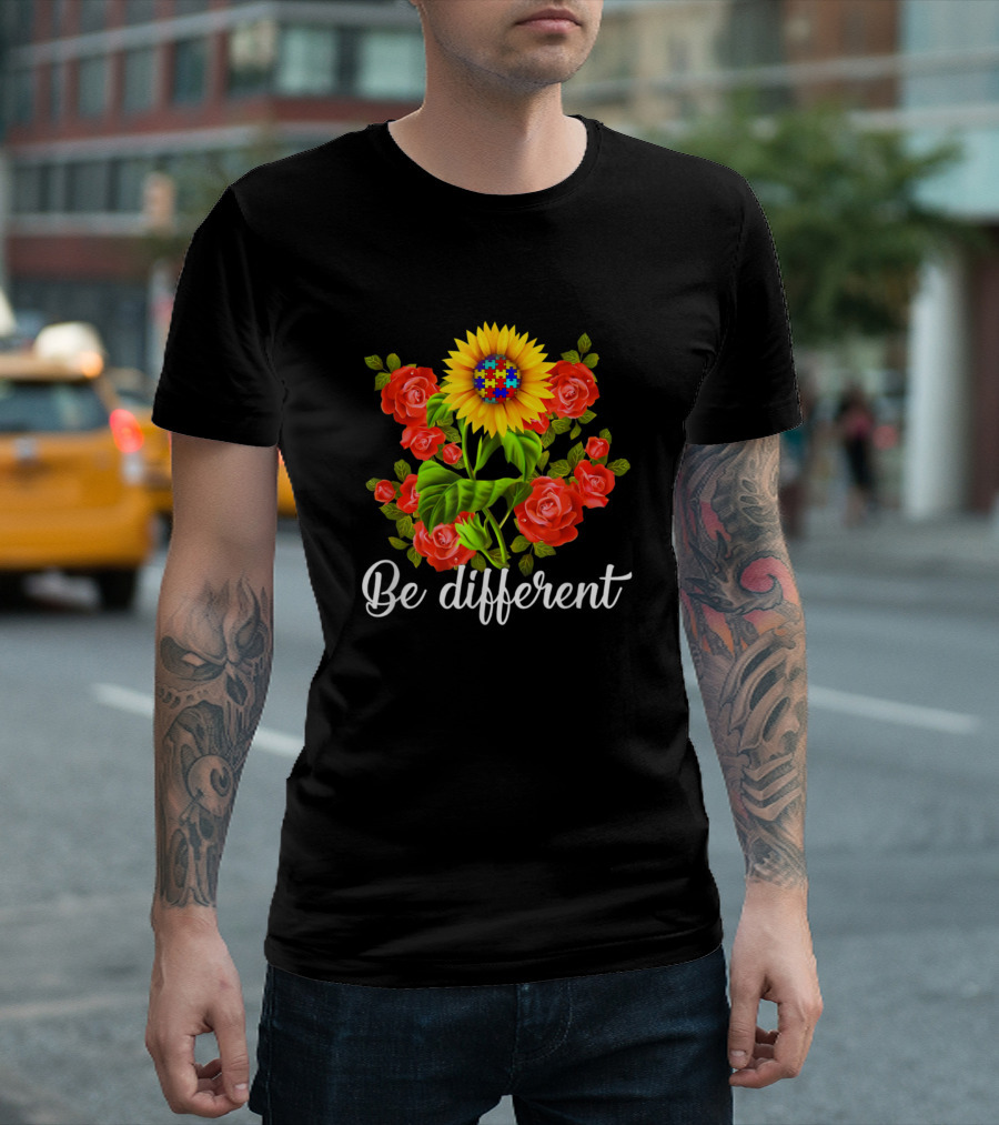 Autism Awareness Be Different Sunflower with Puzzle Pattern and Red Roses T-Shirt