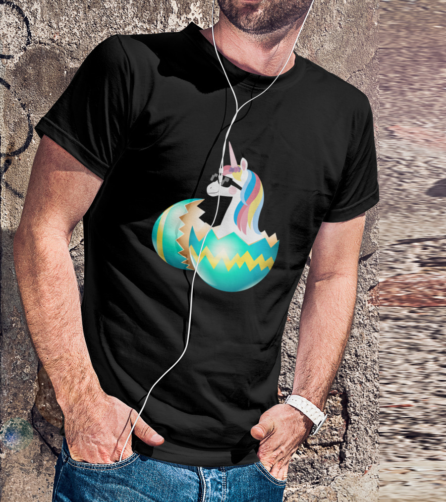 Baby Unicorn Wearing Sunglasses Hatching From Easter Egg Easter Day T-Shirt