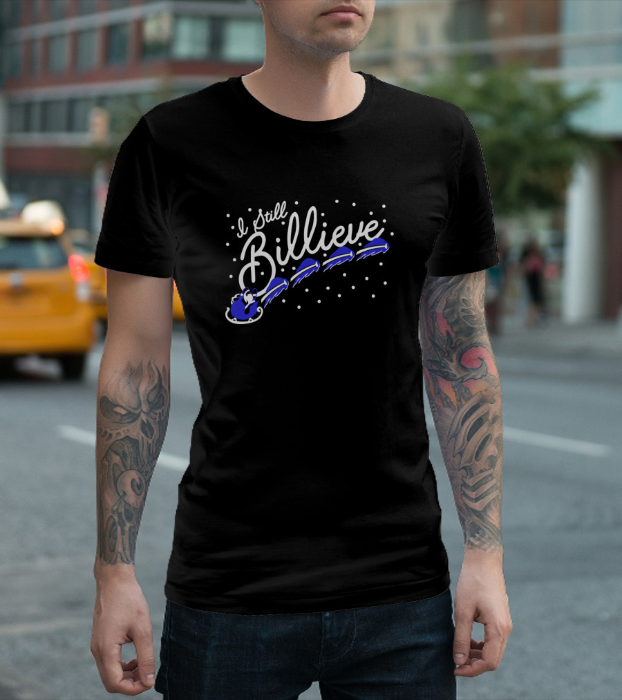 Buffalo Bills Christmas I Still Billieve Santa Sleigh Logo Snowflakes T-Shirt