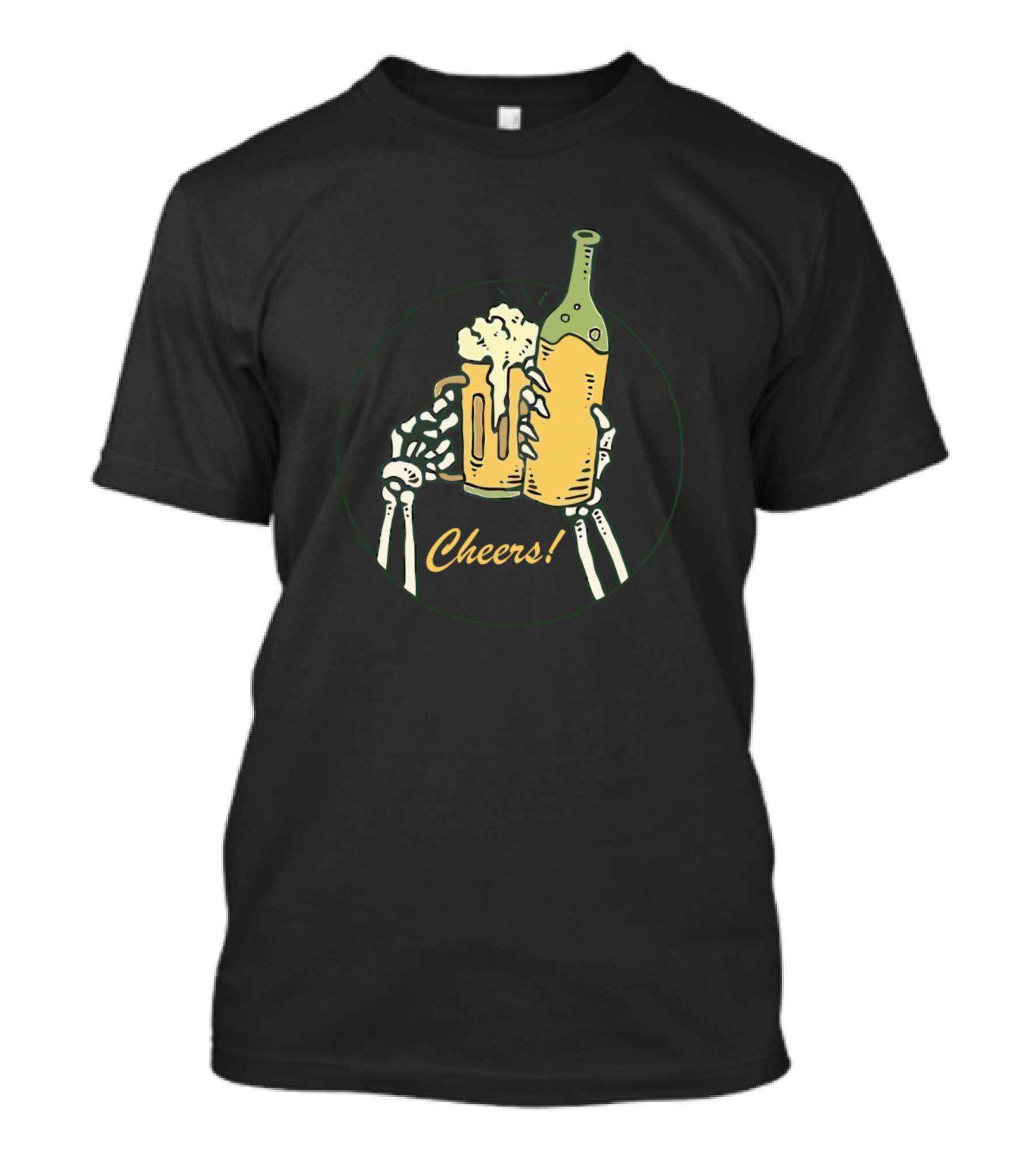 Cheers Skeleton Hands Toasting With Beer Mug And Wine Bottle T-Shirt
