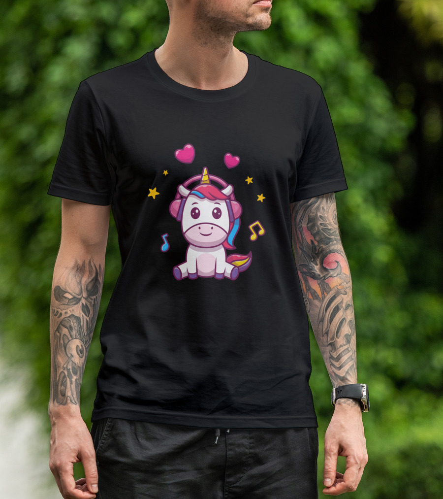 Cute Unicorn Listening To Music With Hearts And Stars T-Shirt