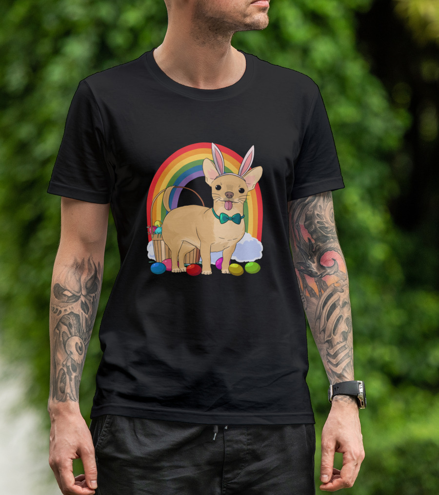 Dogs Chihuahua Bunny Ears Easter Rainbow Basket Happy Day512 T-Shirt