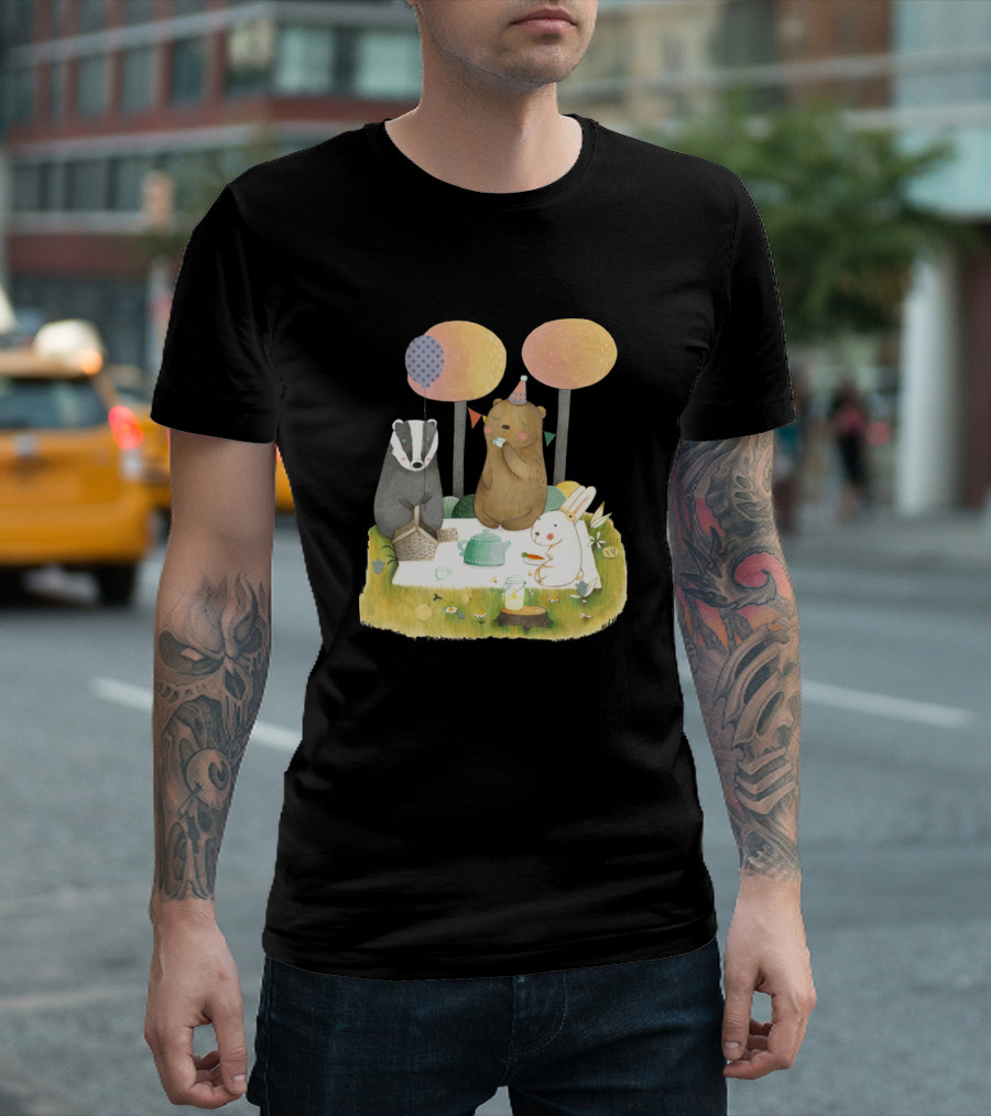 Forest Animals Picnic Party with Badger, Bear, and Rabbit T-Shirt