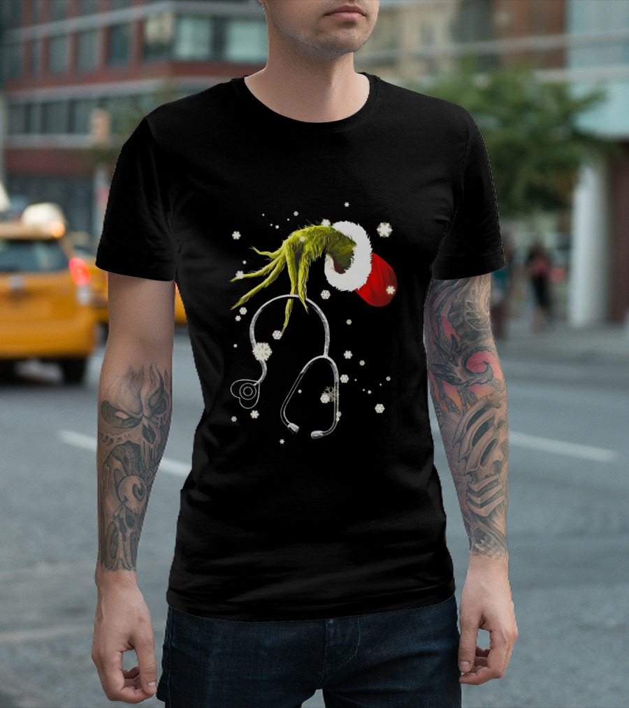 Grinch Santa Hat with Stethoscope and Snowflakes T-Shirt