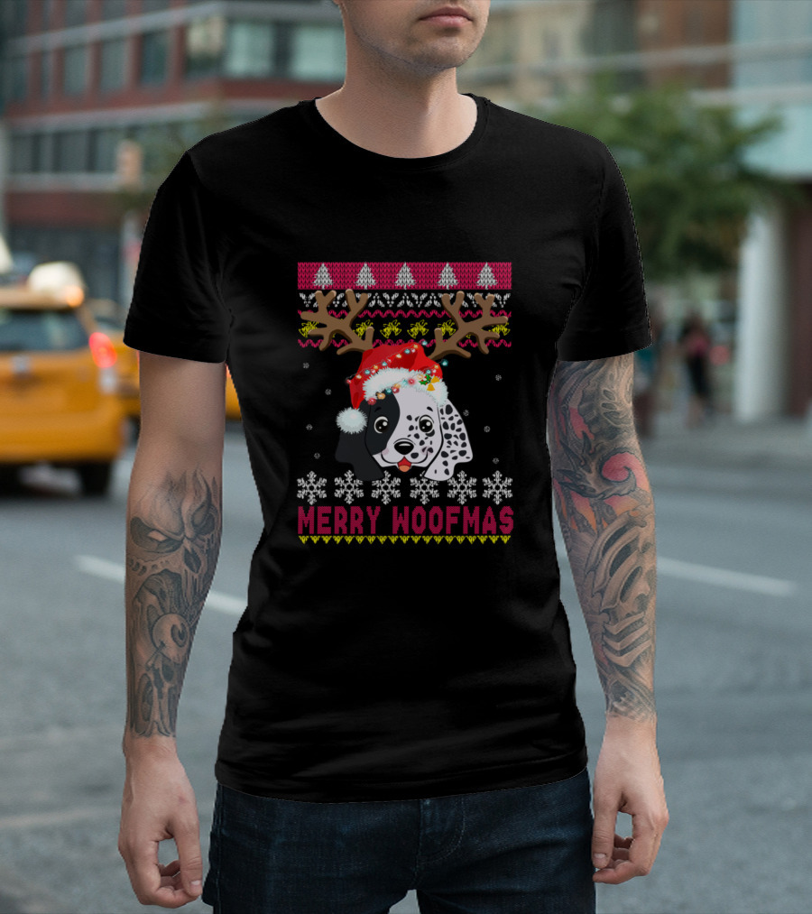 Merry Woofmas English Setter Christmas Reindeer Antlers Santa Hat Snowflakes T-Shirt