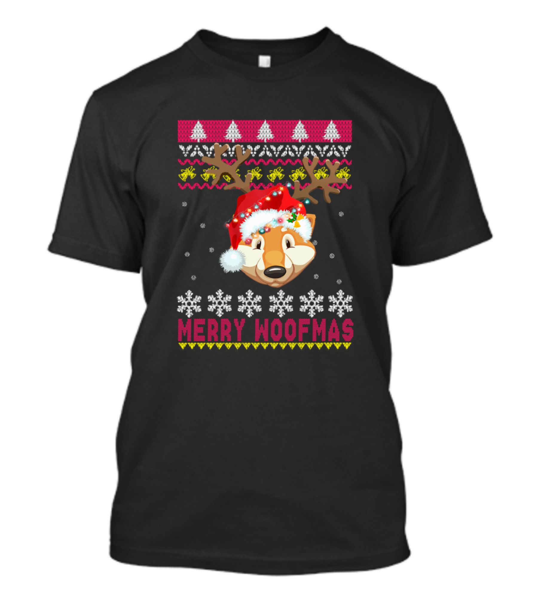 Merry Woofmas Finnish Spitz Reindeer Antlers Santa Hat Snowflakes T-Shirt