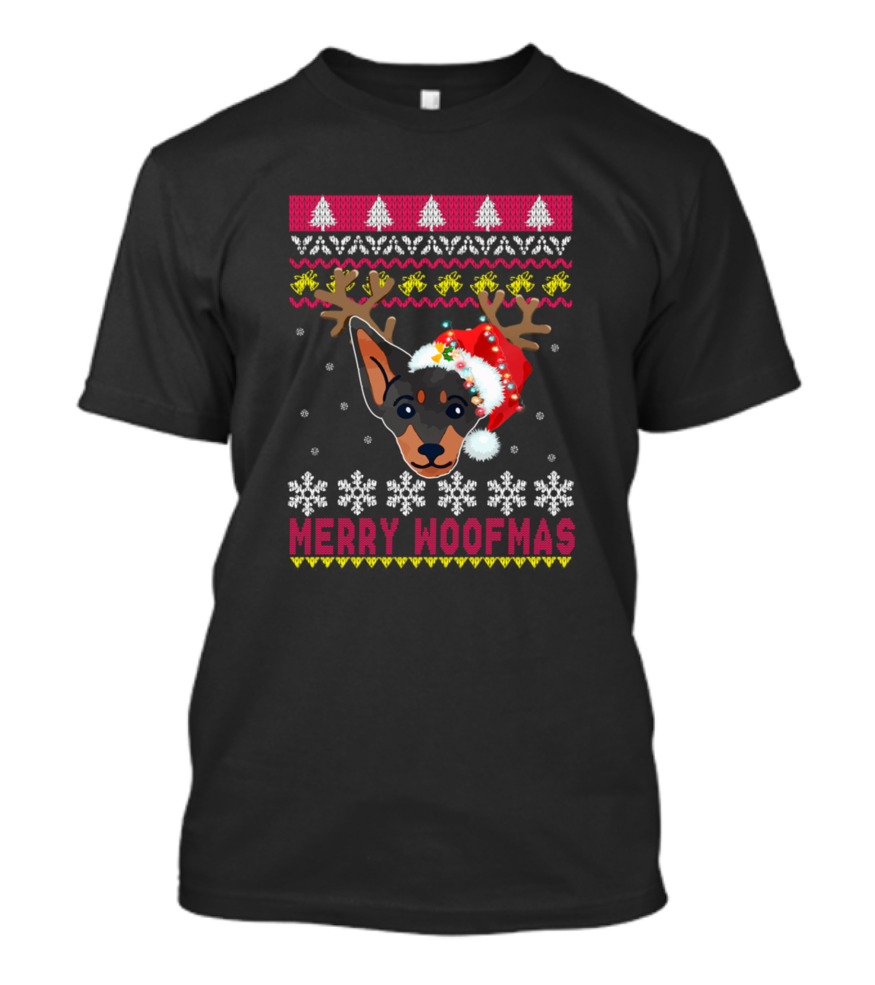 Merry Woofmas German Pinscher Antlers Santa Hat Snowflakes Festive Knit T-Shirt