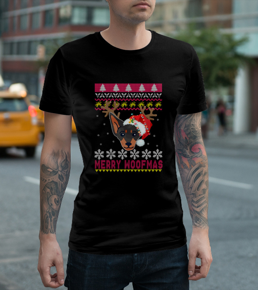 Merry Woofmas German Pinscher Antlers Santa Hat Snowflakes Festive Knit T-Shirt