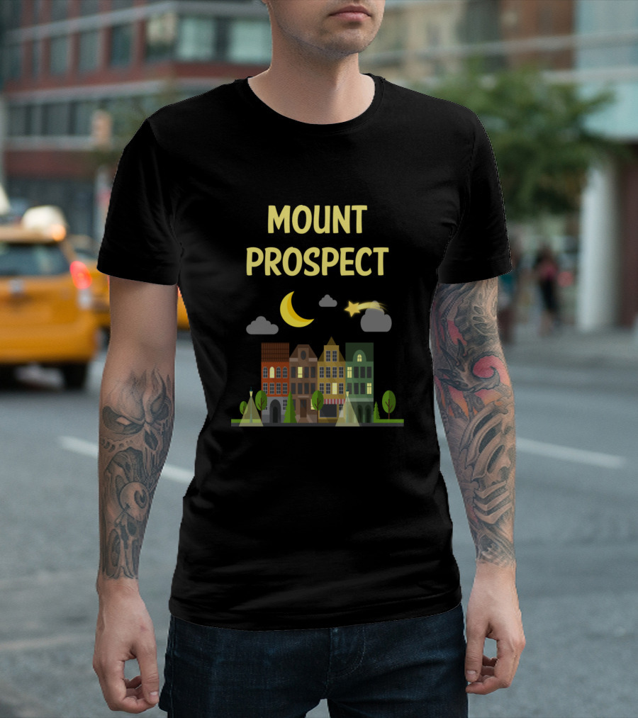 Mount Prospect Night City Skyline with Crescent Moon and Shooting Star T-Shirt