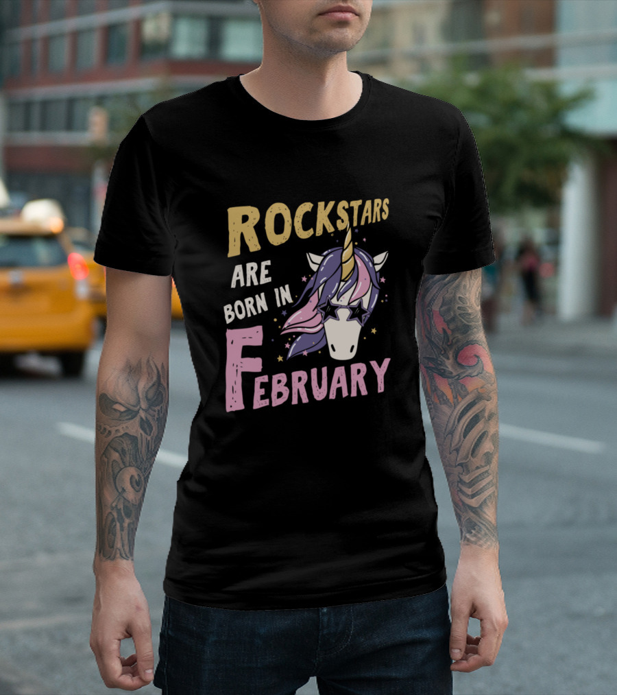 Rockstars Are Born In February Unicorn With Star Glasses T-Shirt