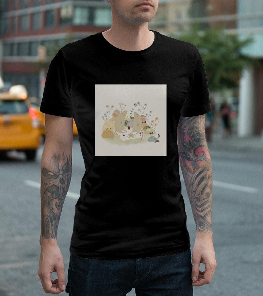 Romantic Mice Picnic Amidst Flowers and Mushrooms T-Shirt