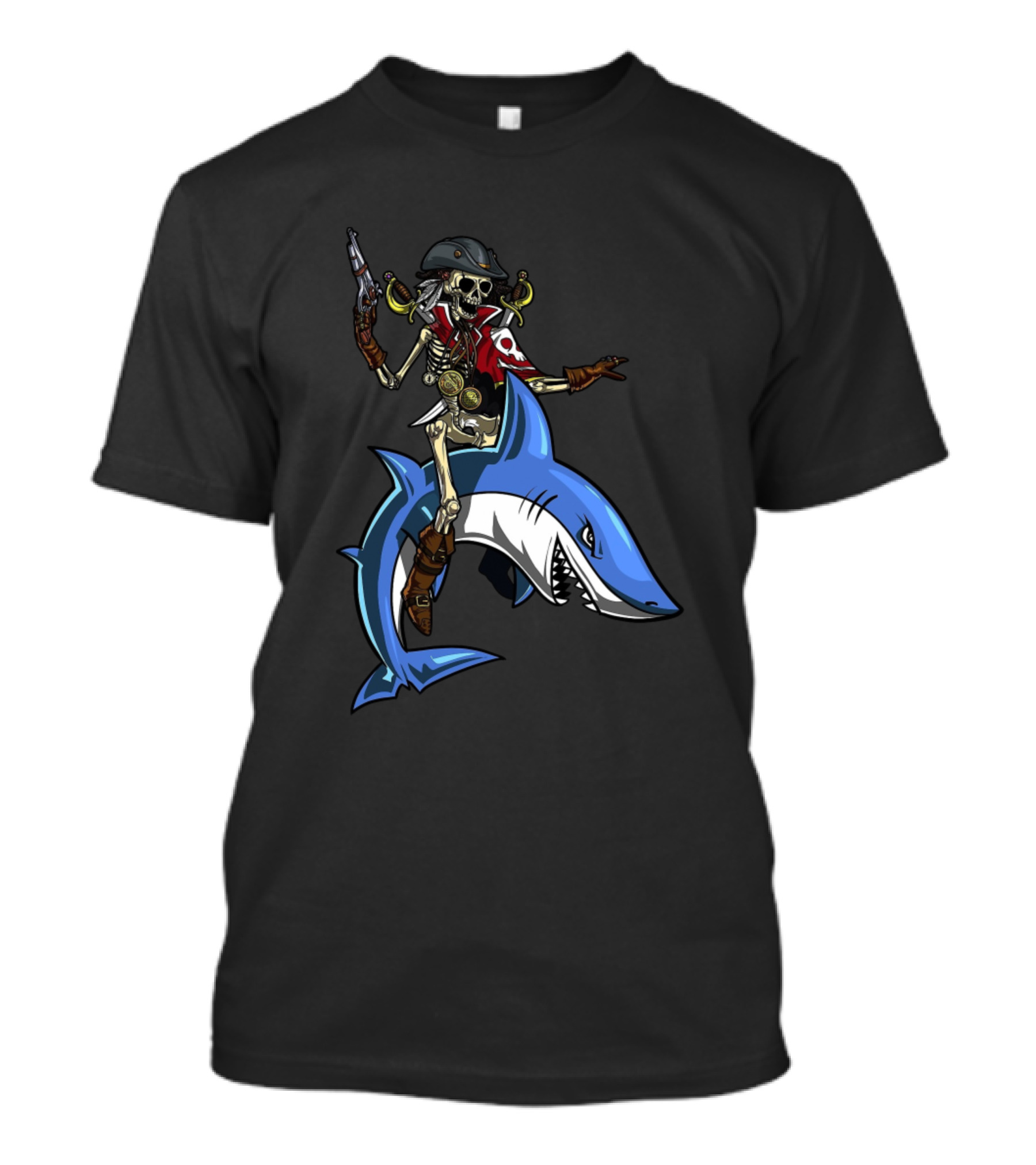 Skeleton Pirate Riding Shark Halloween Skull Captain T-Shirt