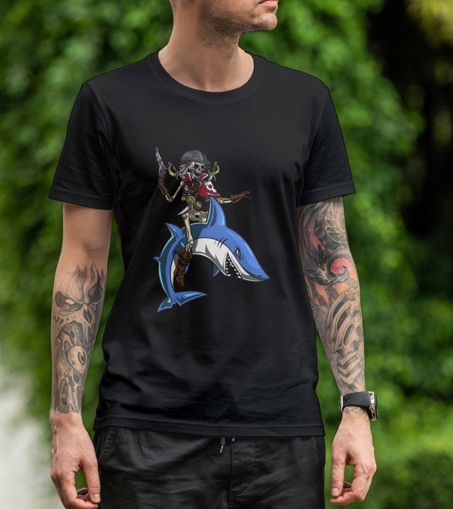 Skeleton Pirate Riding Shark Halloween Skull Captain T-Shirt