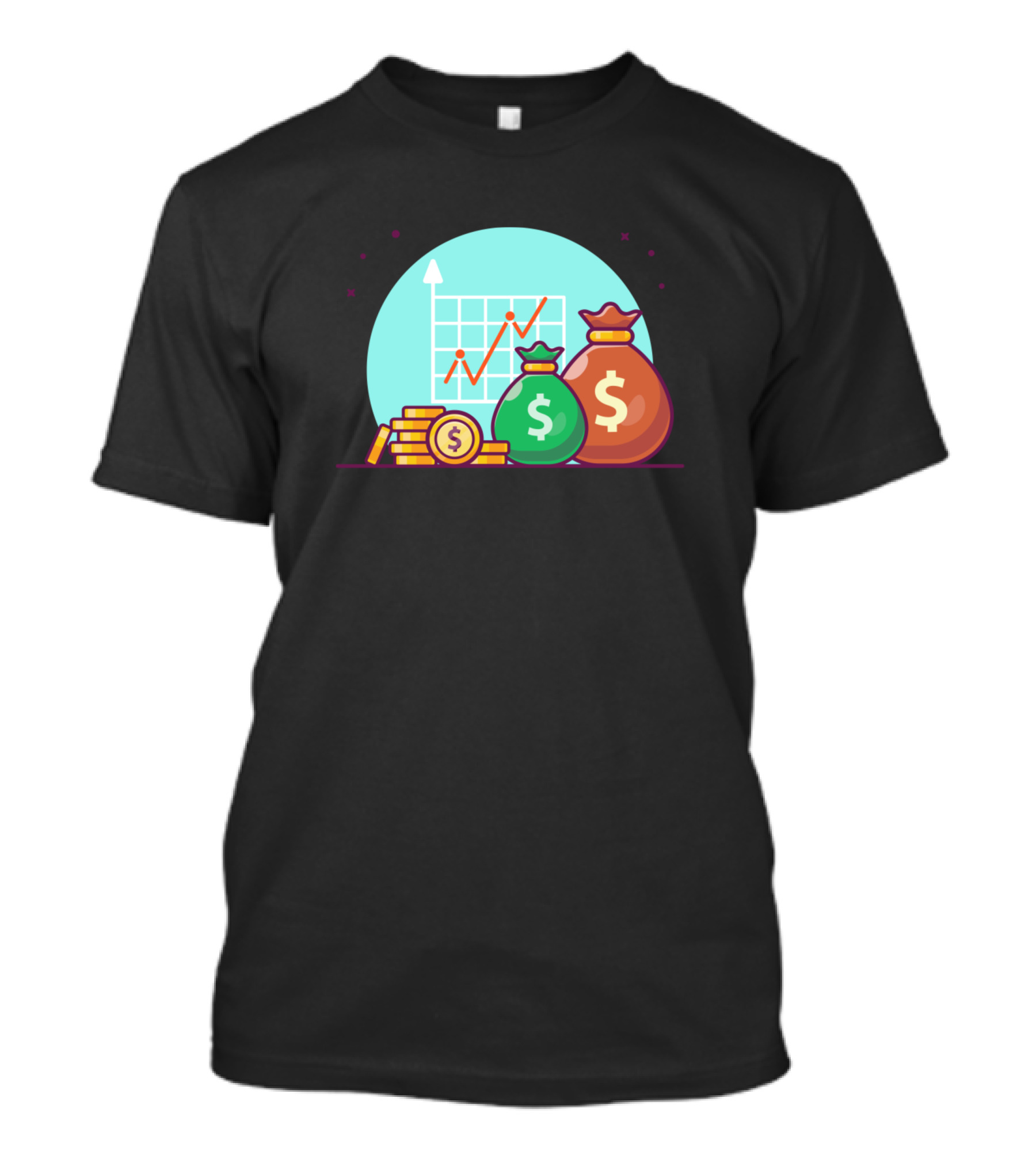 Stack Of Gold Coins With Dollar Bags And Rising Graph Cartoon T-Shirt