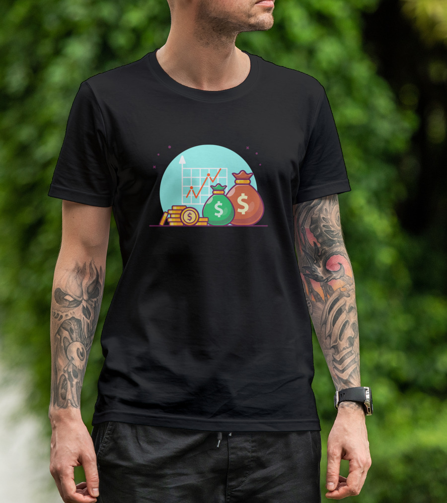 Stack Of Gold Coins With Dollar Bags And Rising Graph Cartoon T-Shirt