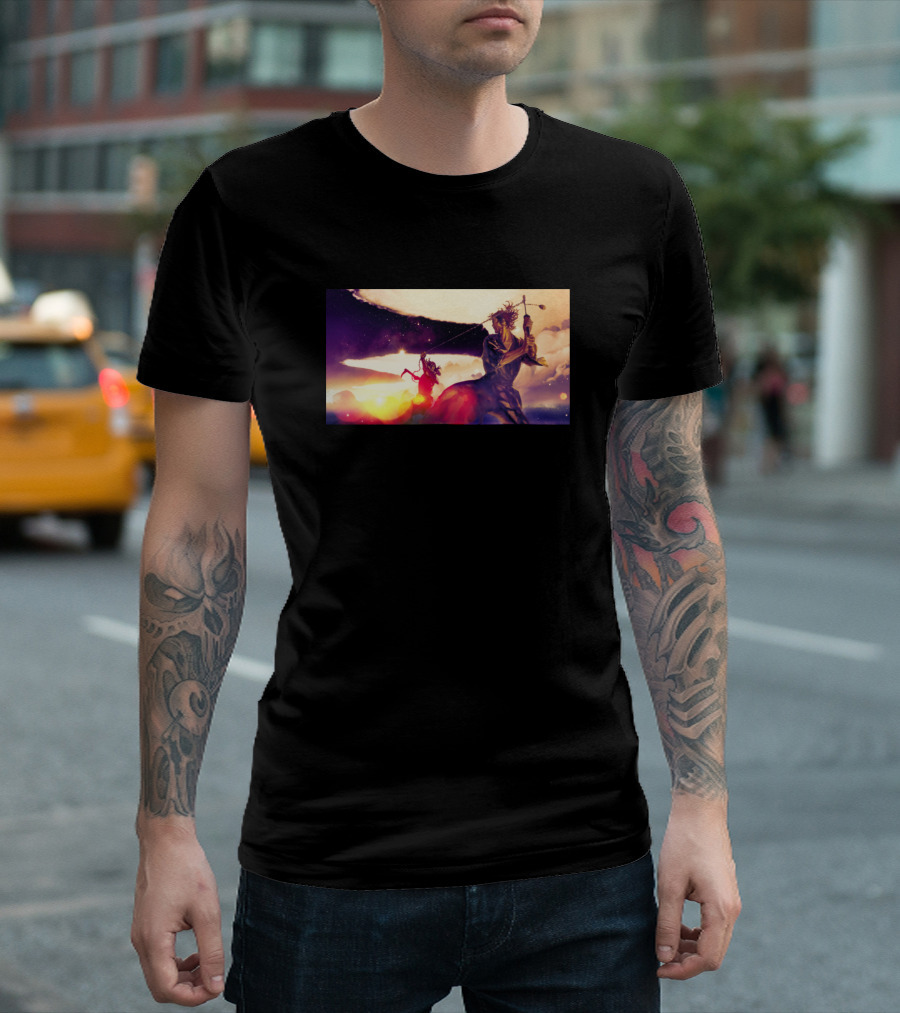 Vagabond Dynamic Samurai Warrior with Sword and Fiery Sunset Background T-Shirt