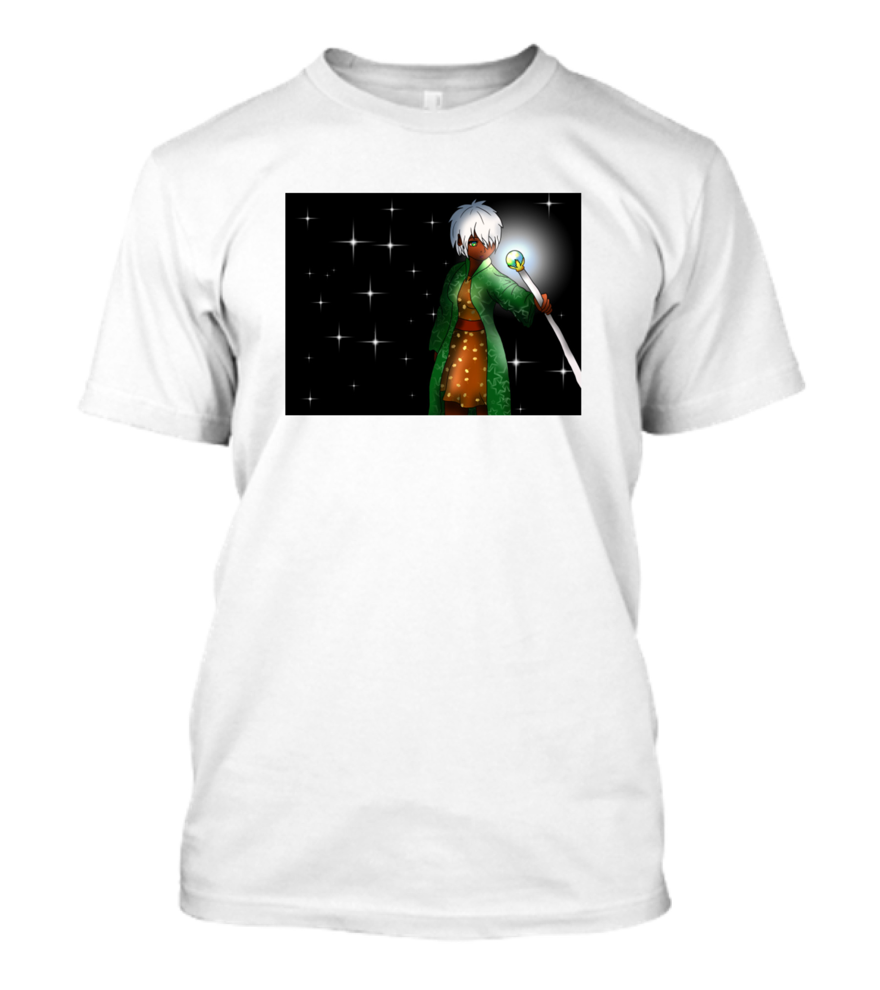 Beautiful Dark Elf Wizard Holding Staff With Stars For DnD And Anime Fans T-Shirt