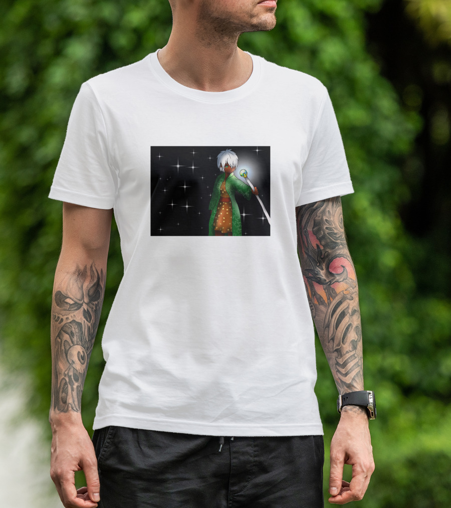 Beautiful Dark Elf Wizard Holding Staff With Stars For DnD And Anime Fans T-Shirt