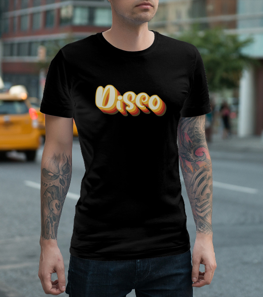 Disco Retro 70s Style Text Yellow and Red 3D Shadow T-Shirt
