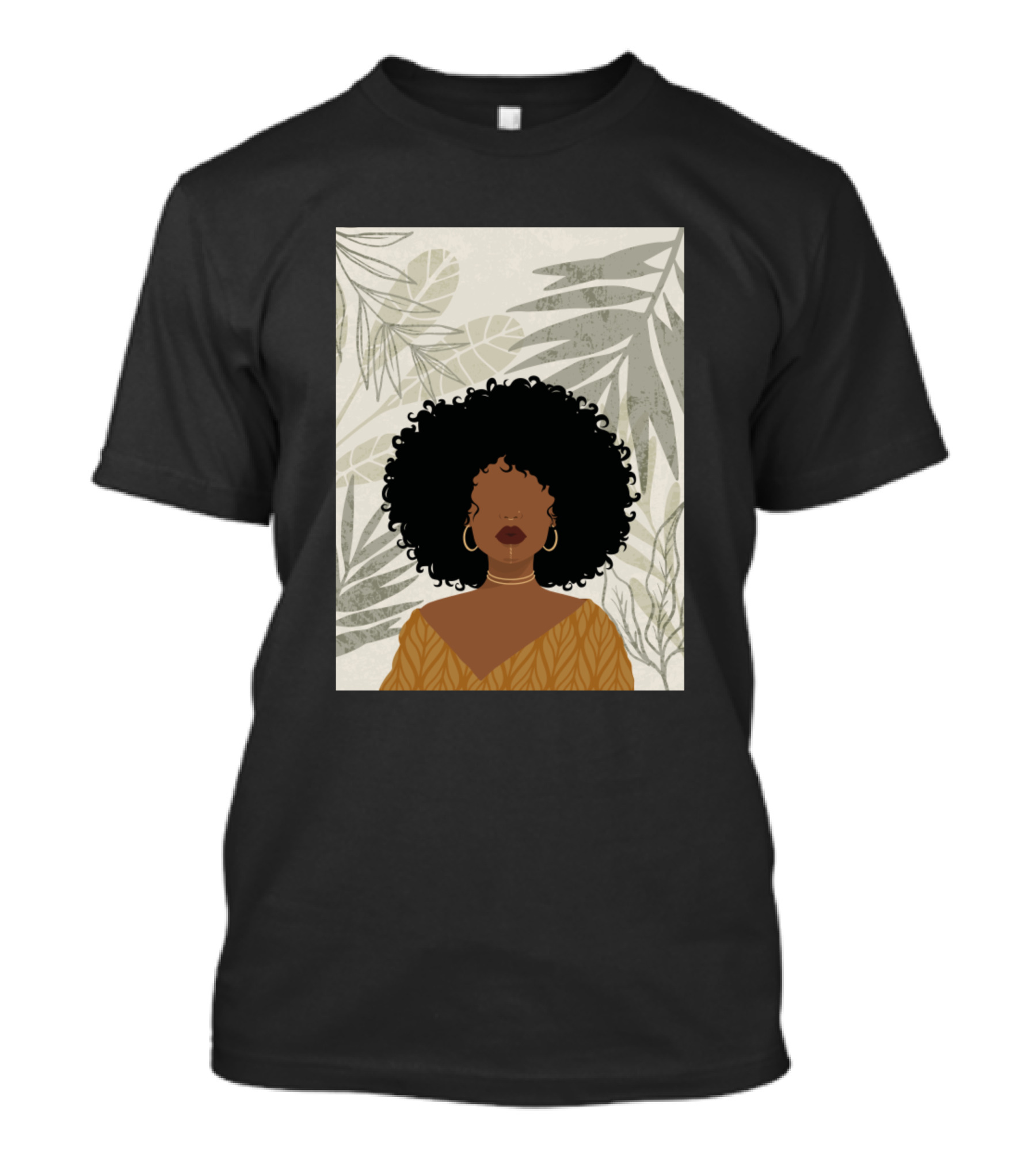 Girl With Leaves And Curly Hair In Tropical Background T-Shirt
