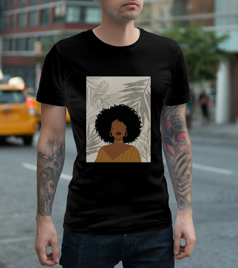 Girl With Leaves And Curly Hair In Tropical Background T-Shirt