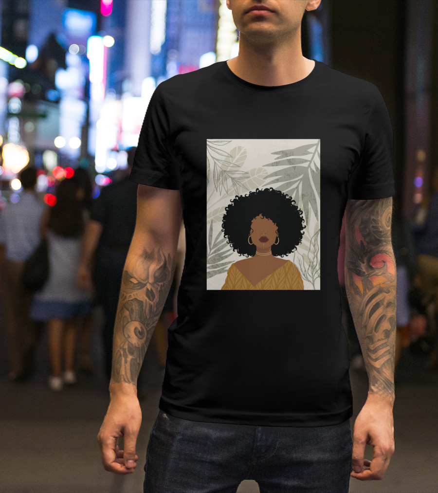 Girl With Leaves And Curly Hair In Tropical Background T-Shirt