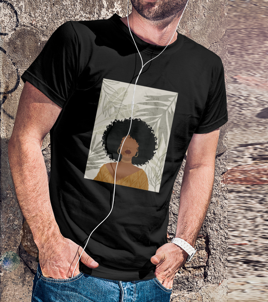 Girl With Leaves And Curly Hair In Tropical Background T-Shirt